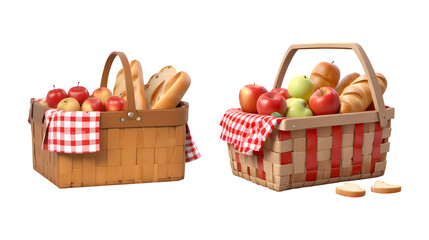 3d rendering picnic baskets with bread and apples isolated on transparent background, PNG file add