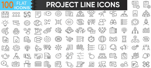 Fototapeta premium Project Management Line Icon Collection – Includes Planning, Scheduling, Leadership, Goals, and Target Icons. Simple, Clean, Editable Vector Set