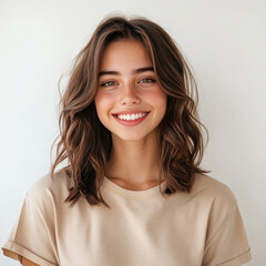 A radiant young woman with a bright smile and wavy brown hair against a soft white background.