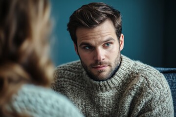 Fototapeta premium Thoughtful young caucasian male in knit sweater listening intently