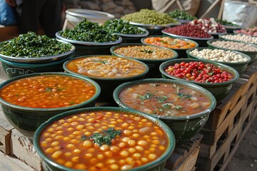Fototapeta premium Colorful Bowls Of Stewed Beans And Vegetables At Market