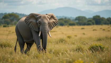 Fototapeta premium African Elephant in Golden Savanna Grassland, Majestic Profile