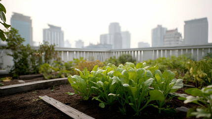 Fototapeta premium Sustainable urban agriculture: A rooftop garden flourishing against a city backdrop