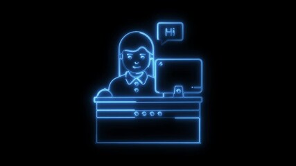 Glowing neon receptionist icon 4k  isolated on black background. HD Video motion graphic animation
