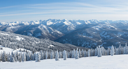 Fototapeta premium Winter's Embrace: A Crystal Panorama AI Generated