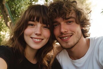 Fototapeta premium Young caucasian couple smiling outdoors in natural light