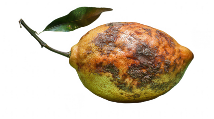 Distressed citrus: An aging lemon shows its textural decay on dark stage
