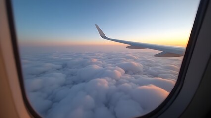 Obraz premium View from the plane window. Airplane Window View of Clouds and Sunrise Sky