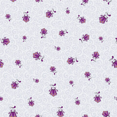 seamless repeat pattern with beautiful purple floral motifs on a grey spiral textured background perfect for fabric, scrap booking, wallpaper, gift wrap projects