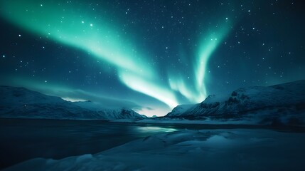 Naklejka premium Aurora Borealis Over Snowy Mountains, Dramatic Night Sky for Travel Blog