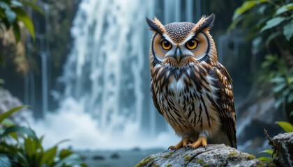 Fototapeta premium Spectacled Owl Perched on Rock, Cascading Waterfall Background