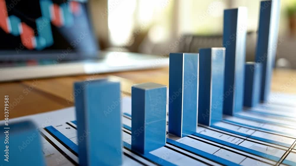 Poster This visual presents blue 3D bar graphs arranged on a report, with colorful digital charts faintly visible in the background, conveying data during a daytime meeting.