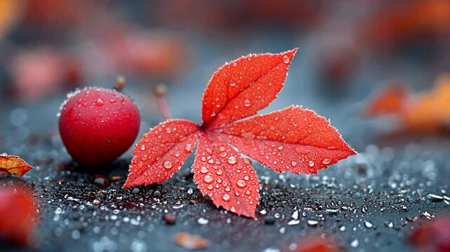 Close-up of a vibrant red leaf and berry with droplets on a dark surface amidst autumn foliage
