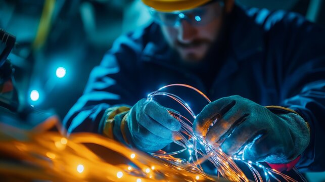 Underground utility worker repairing fiber optic cables. Featuring delicate handling and precision