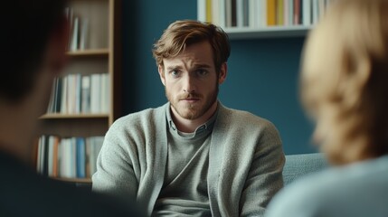 Obraz premium Young caucasian male therapist in counseling session with patients in modern office