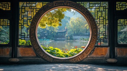 Obraz premium Scenic view through ornate circular garden window.
