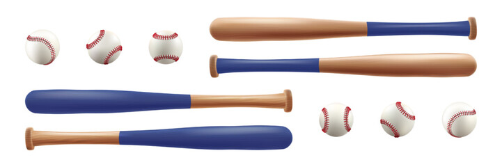 Basebal wooden bat and leather glove. 3d ball vector with line of red lace stiches. Vintage sport game mockup. Wood stick tool, pitcher white softball realistic seams. Brown mitt major team emblem