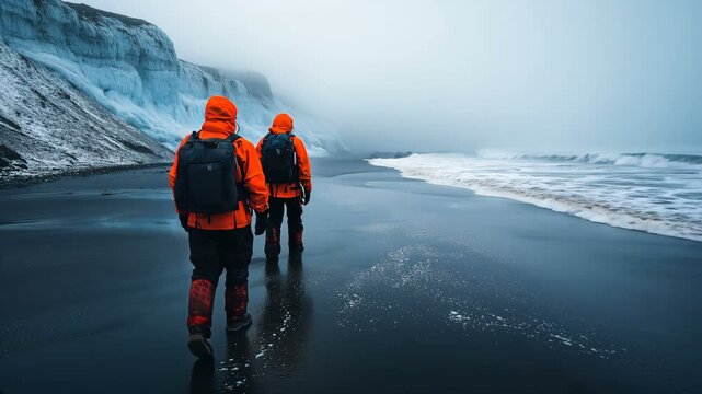 Adventurers Taking a Leisurely Stroll Along the Misty Beach While Wearing Bright Orange Outdoor Gear