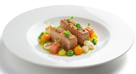 Two rectangular pieces of meat on a white plate with colorful vegetables.