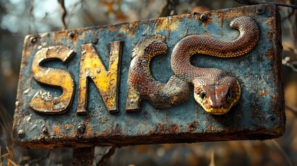 Rusty sign with a coiled snake design in an outdoor setting