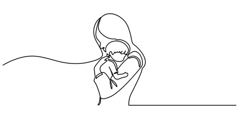 Happy Mother’s Day continuous line drawing of Mom playing with her baby. Mother and baby line art vector illustration. women holding her baby motherhood concept. 
