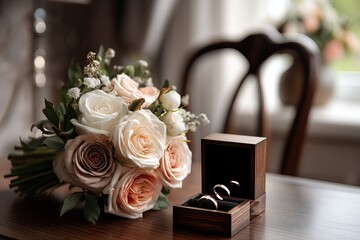 Obraz premium Wedding rings in a wooden box and a bouquet with roses. AI generated image