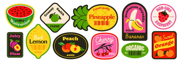 Retro Fruit Sticker Set. Fruit barcode labels for supermarkets and farm shops. Trendy badges with lemon, peach, banana and pineapple. Flat vector illustration collection isolated on background