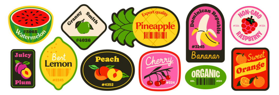 Retro Fruit Sticker Set. Fruit barcode labels for supermarkets and farm shops. Trendy badges with lemon, peach, banana and pineapple. Flat vector illustration collection isolated on background