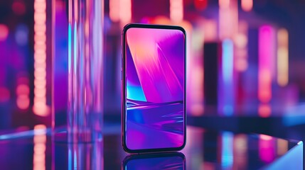Smartphone display under vibrant neon lights