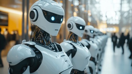 Row of futuristic robots in a modern, well-lit environment.
