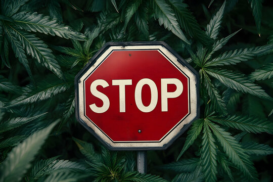 Red stop sign surrounded by dense green cannabis foliage in high-contrast lighting