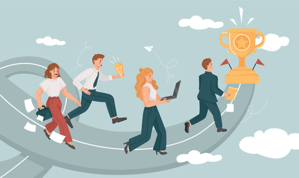 Business competition. Male and female entrepreneurs compete with each other and run towards golden cup as symbol of achieving goals. Opportunities or pursuit of success. Flat vector illustration