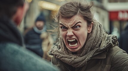 Obraz premium Candid Portrait of an Angry Woman in a Busy Street Setting