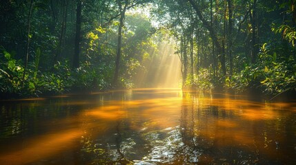 Obraz premium Golden Rays Illuminating the Rainforest River