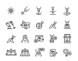 Set of line icons related to laser cutting. Simple symbols with laser engraving, 3D milling machine and numerical controlled printer. Outline vector illustration collection isolated on background