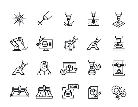 Set of line icons related to laser cutting. Simple symbols with laser engraving, 3D milling machine and numerical controlled printer. Outline vector illustration collection isolated on background