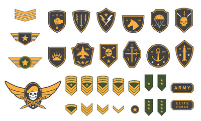 Set of military emblems. Patches, stripes and logos with stars, skulls and military equipment. Insignia for military personnel of different ranks. Flat vector illustration isolated on background