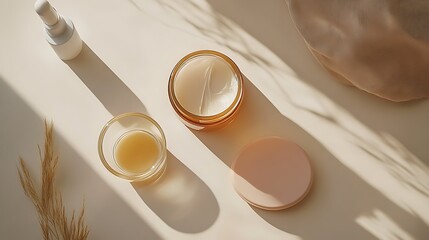 Elegant skincare still life featuring a serum, moisturizer, and facial oil, bathed in soft, natural light with delicate shadows.