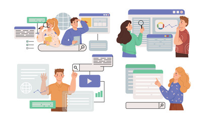 Set of SEO specialists. Men and women with magnifying glasses optimize website search engines to find information on internet. Flat vector illustration collection isolated on background