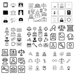 Linear Icon Set with Law Theme on Transparent Background, Scales, Court, Justice