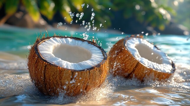 Two fresh coconuts splashing in the ocean water on a tropical beach.