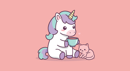 Cute unicorn enjoying a warm drink with a playful cat in flat vector art