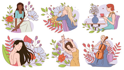 Femininity concept. Happy charming women or girls surrounded by beautiful blooming flowers or plants. international women day. Flat hand drawn vector illustration collection isolated on background