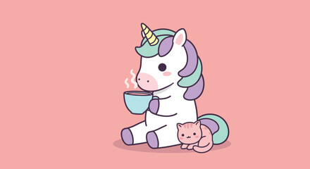 Cute unicorn enjoying a warm drink with a kitten in minimal vector art