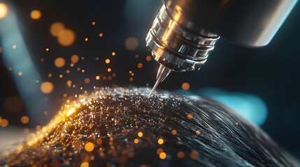 Close-up shot of a CNC machine in action, sparks flying as it precisely carves a dark, metallic surface.  The image exudes power and precision.