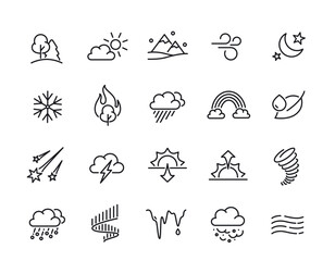 Set of line icons related to natural phenomena. Simple symbols with snowfall, hail, rainbow, tornado and shooting stars. Editable stroke. Outline vector illustration collection isolated on background