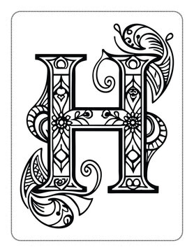 Intricate letter H black and white coloring page