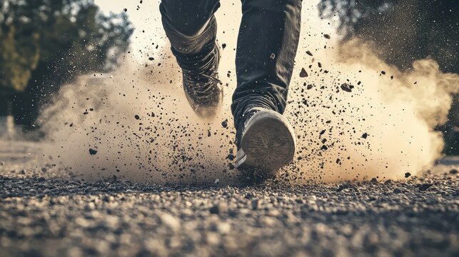 Powerful depiction of an angry person kicking up dust in motion