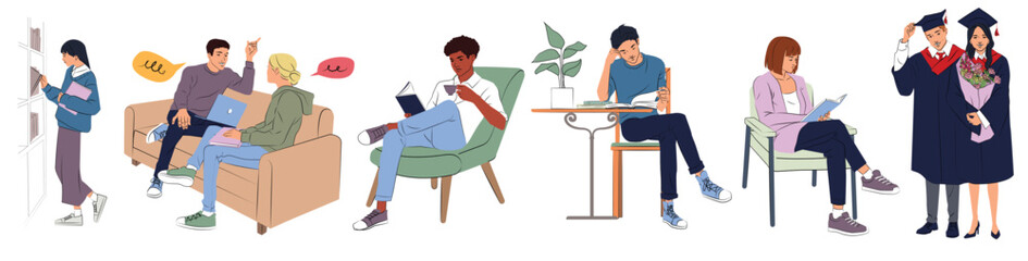 Set of students in learning process. Men and women university students read books, chat with friends, prepare for exams and receive diploma. Flat vector illustration collection isolated on background