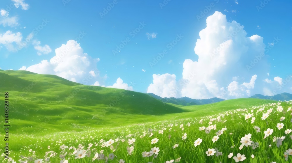 Poster 青い空の下 広大な緑の草原に咲く白い花の風景 太陽の光が降り注ぎ 爽やかで平和な夏の自然描写